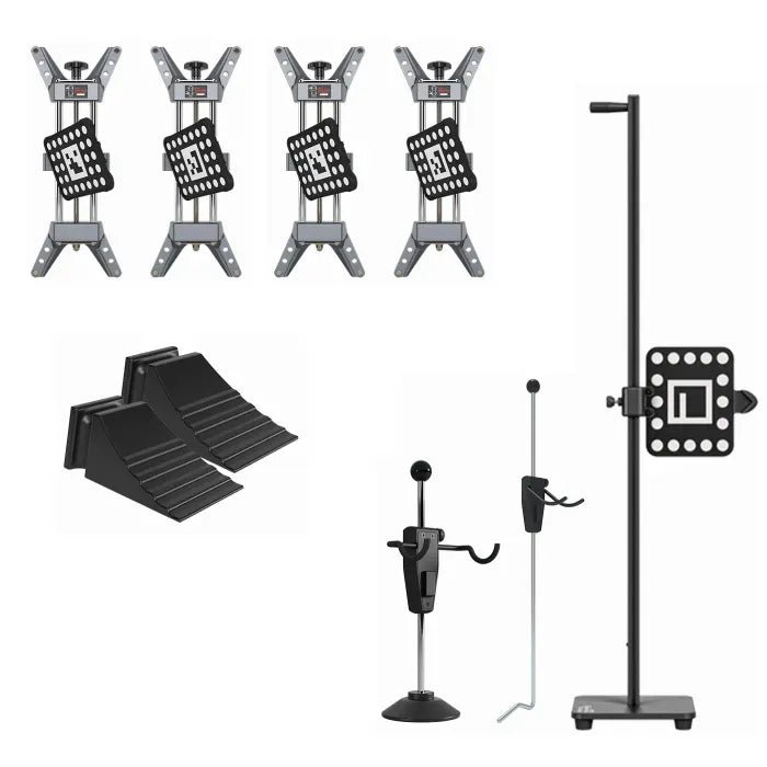 Autel IA900 standard accessories: four wheel clamps with targets, two wheel chocks, steering wheel lock, brake lock, distance target
