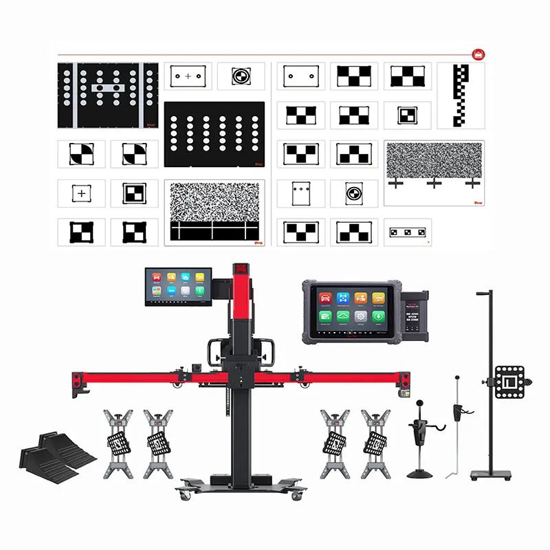 Autel IA900LDWT package — calibration frame with 24-inch touchscreen, ULTRAADAS tablet, LDW target boards, four wheel clamps, and accessories