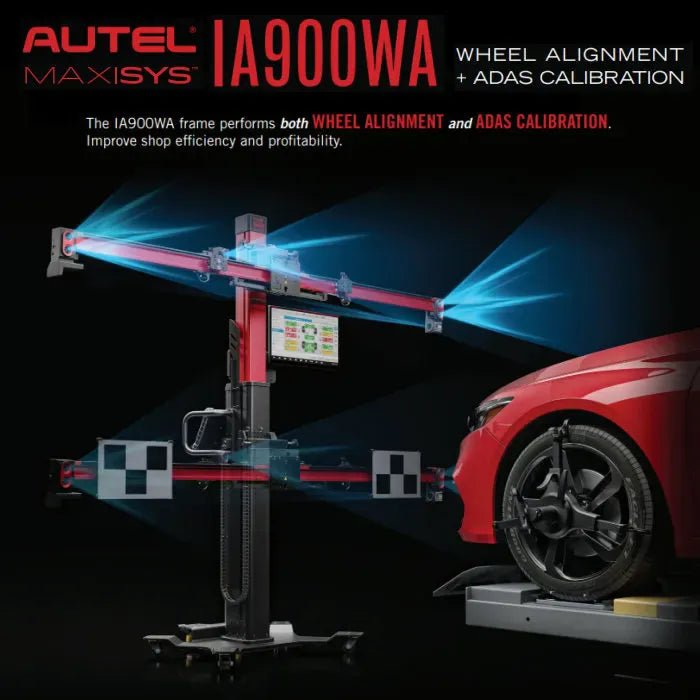 Autel IA900WA frame demonstrating wheel alignment and ADAS calibration with upper alignment-camera crossbar and lower target-board crossbar beside a vehicle