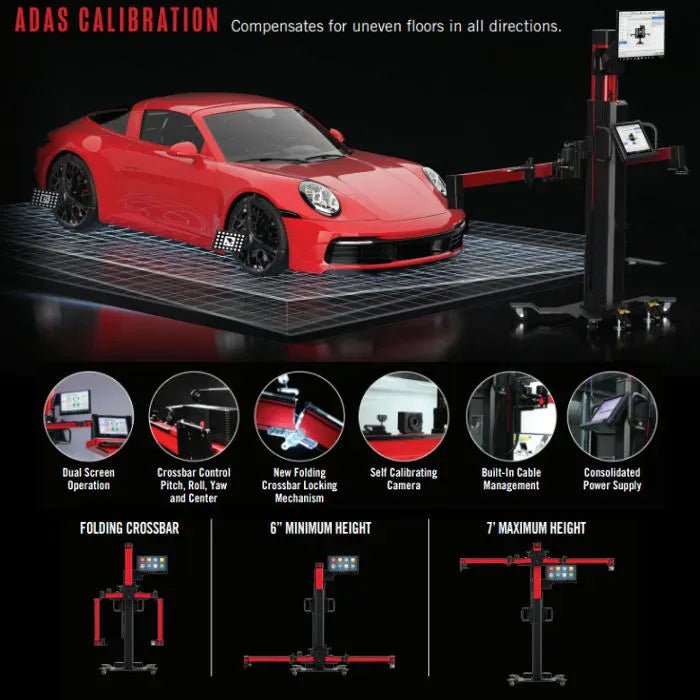 Autel IA900WA in use during ADAS calibration with vehicle on calibration mat, six feature callouts, and frame height range from 6 inches to 7 feet
