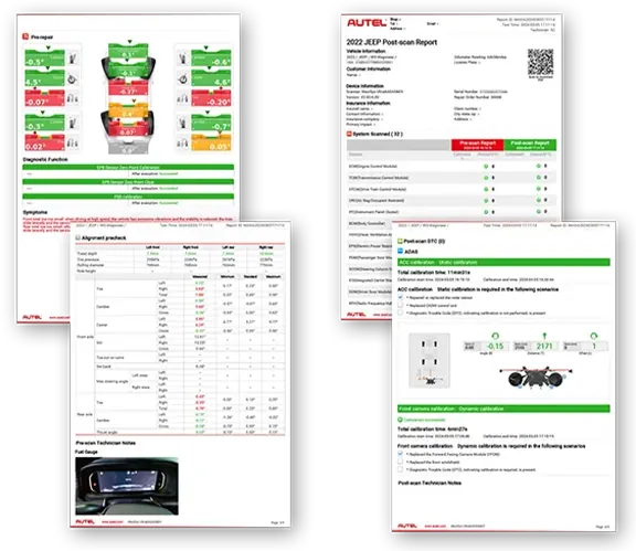 Composite of pre-scan and post-scan vehicle reports, alignment pre-check table, and detailed calibration report pages generated by the MaxiSYS software