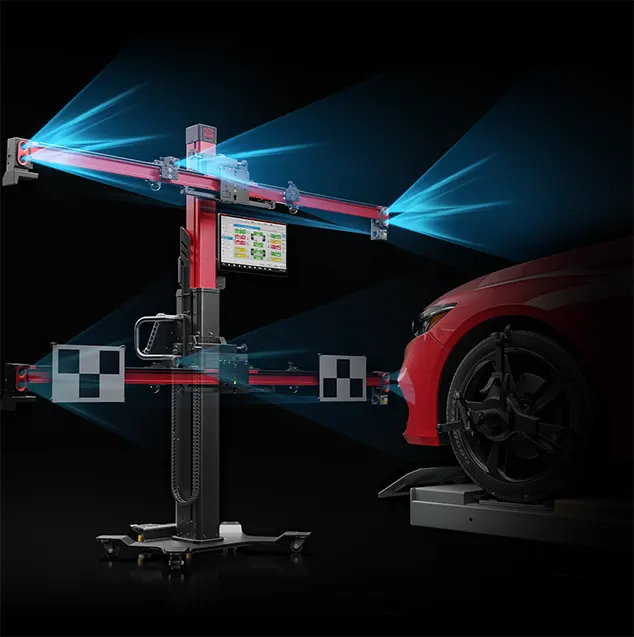 Autel IA900WA MaxiSYS calibration frame in front of a red sedan with wheel-mounted targets and active camera scanning beams