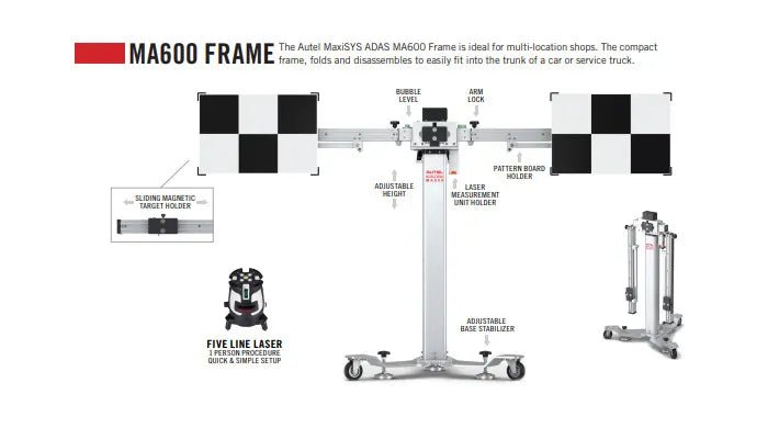 Autel MA600 frame with callouts identifying the bubble level, arm lock, sliding magnetic target holder, adjustable height column, pattern board holder, laser measurement unit holder, and adjustable base stabilizer