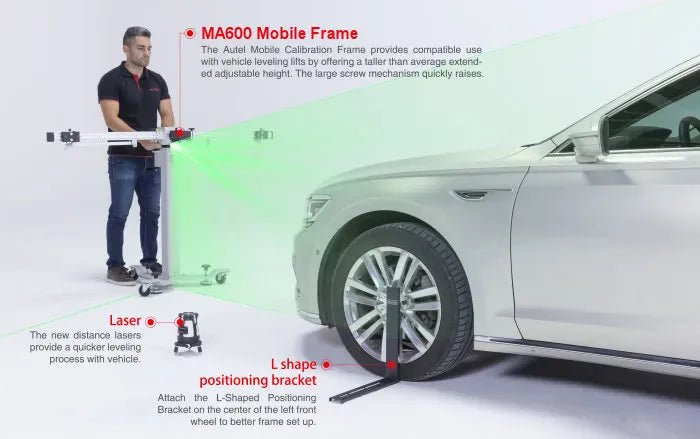 Autel MA600 mobile calibration frame staged beside a sedan with five green laser lines projected from the head unit
