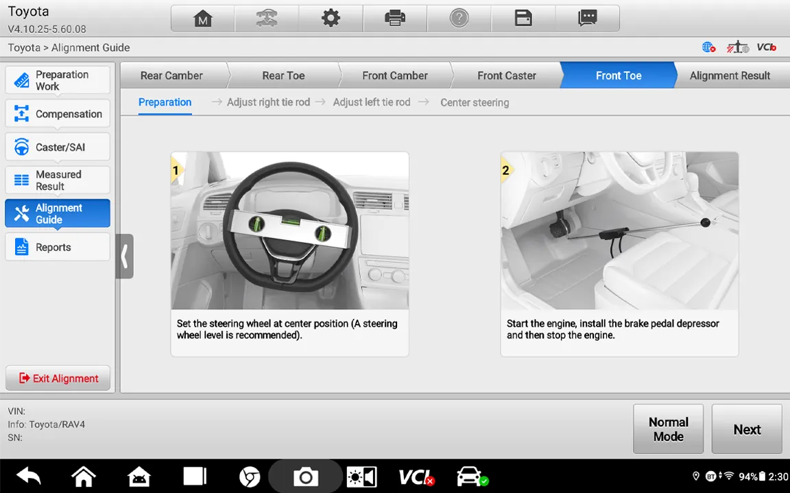 Autel IWA500 tablet displaying the guided alignment workflow for a Toyota RAV4 with steering wheel and brake pedal depressor preparation steps