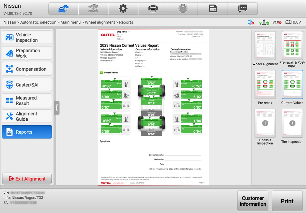 Autel IWA500 sample alignment report for a 2023 Nissan Rogue showing pre- and post-repair current values for camber, caster, toe, and thrust angle
