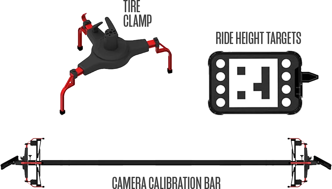 Autel IWA500 optional accessories: tire clamp, ride-height targets, and camera calibration bar