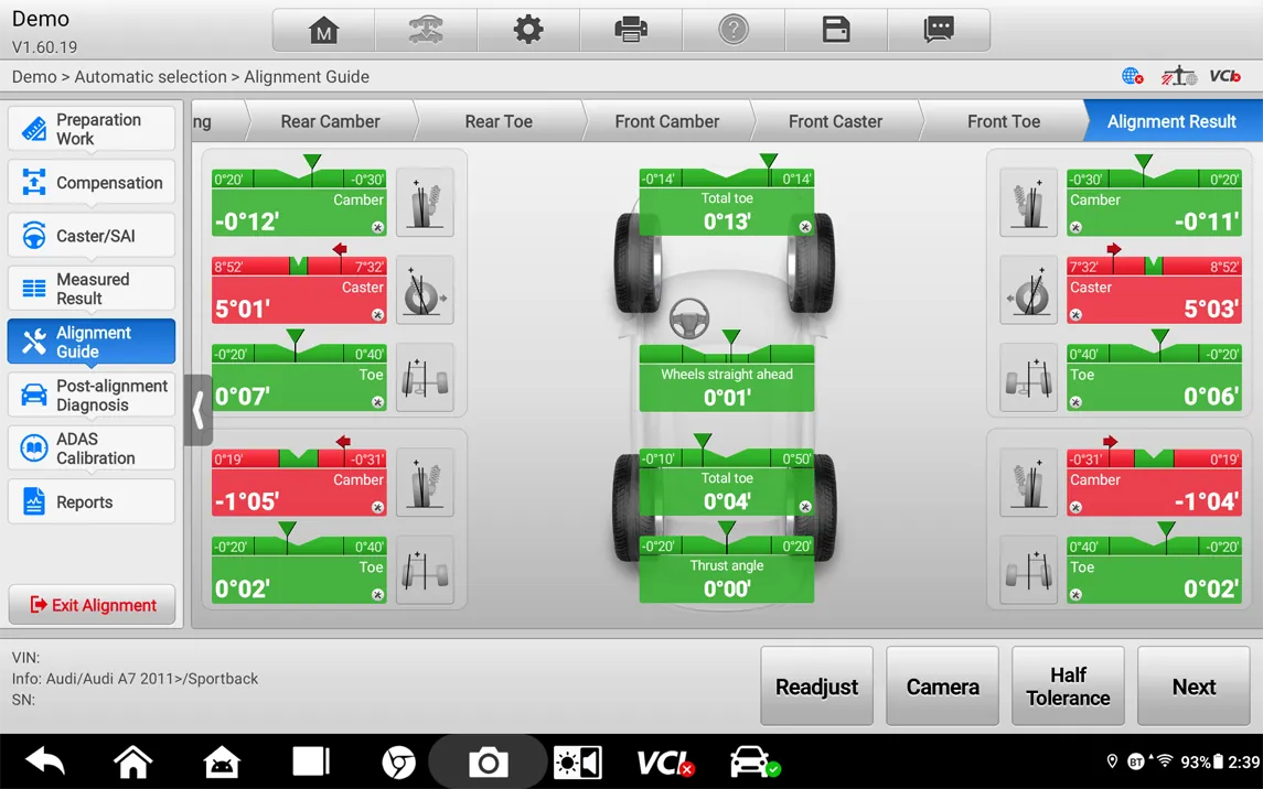Autel IWA500 alignment-result screen showing camber, caster, and toe readings on all four wheels of an Audi A7 with color-coded in-spec and out-of-spec values