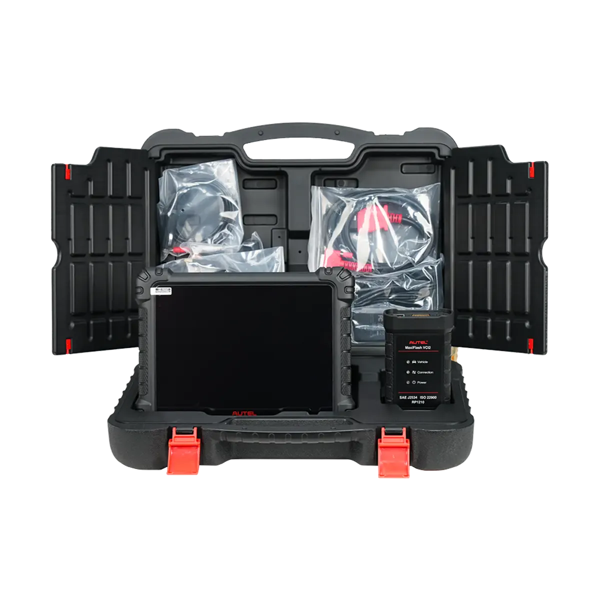 Open Autel carrying case with MaxiSYS MS909 S2 tablet, MaxiFlash VCI2, and bagged accessory cables