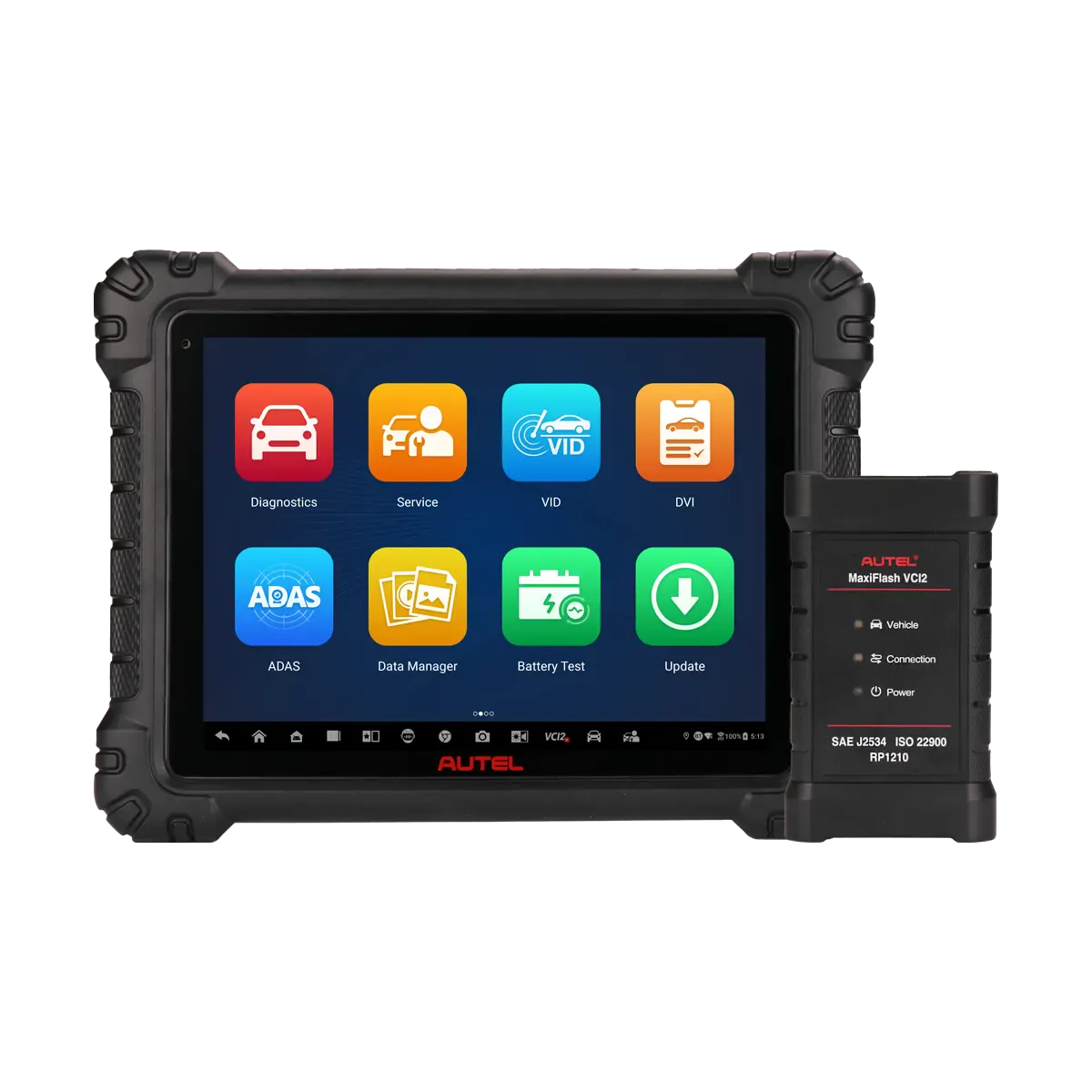 Autel MaxiSYS MS909 S2 tablet showing diagnostics, ADAS, and service apps next to MaxiFlash VCI2