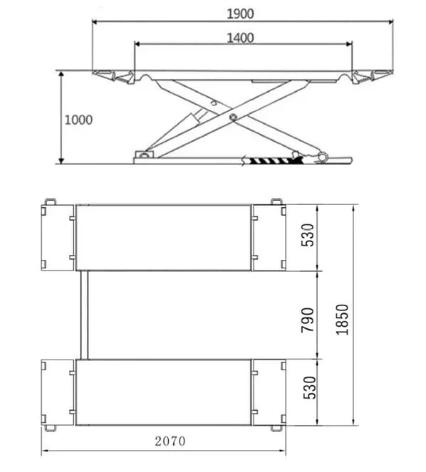 Katool KT-X77 dimensional drawing with side and top metric measurements