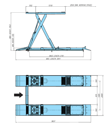 Katool KT-X99 dimensional drawing with 76 inch maximum lift height and platform layout