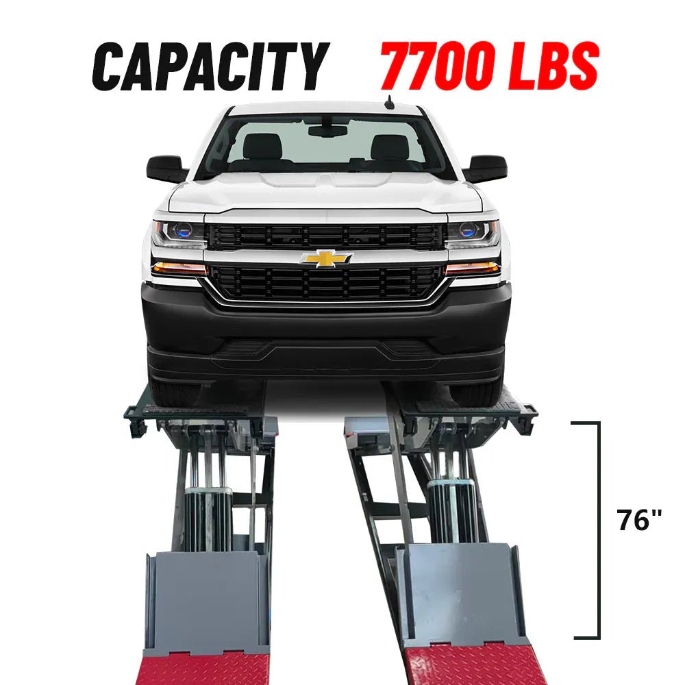Katool KT-X99 full-rise scissor lift raising a Chevrolet Silverado, 7,700 lb capacity and 76 inch lift height
