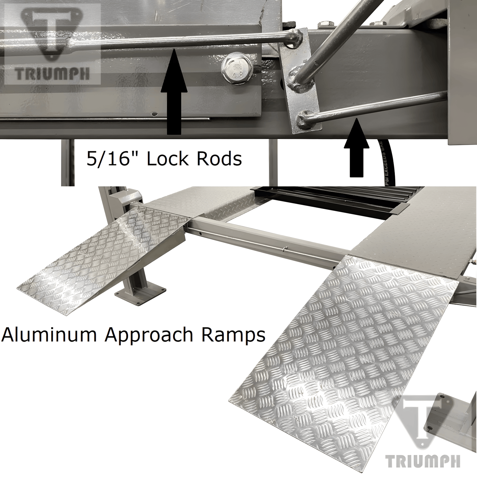 Triumph NSS-8 5/16 inch lock rods and aluminum approach ramps shown as quality upgrades over basic 4-post lift hardware